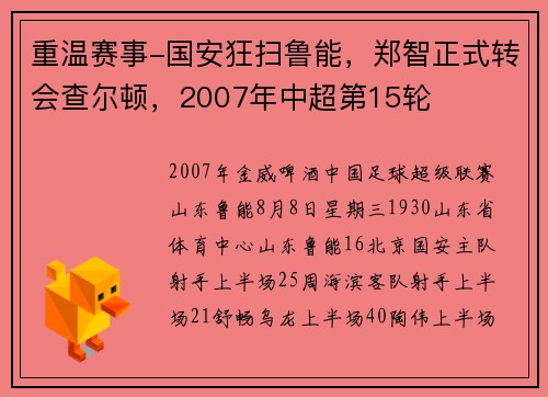 重温赛事-国安狂扫鲁能,郑智正式转会查尔顿,2007年中超第15轮